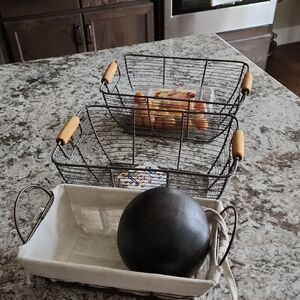 Wire and Canvas Storage Baskets with Wooden Handles. Set of 3.